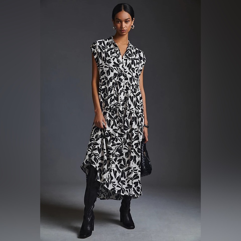 By Anthropologie | Tiered Shirt Dress in Black and White Floral Print
